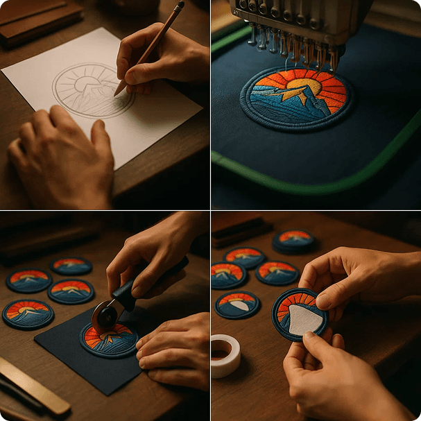 Master's Custom Patches production process collage showing patch design, manufacturing, and quality control