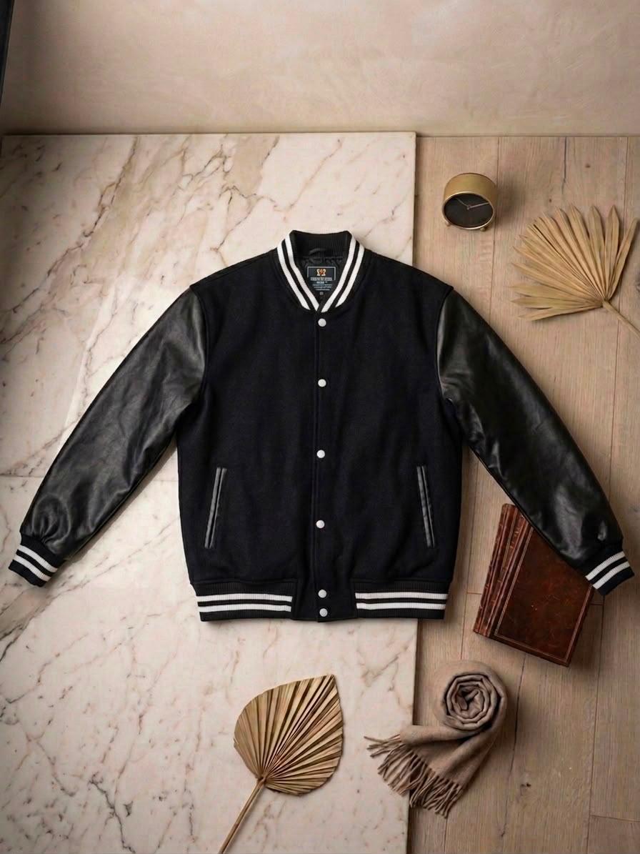 Letterman Jacket - Black / Black Leather Sleeves